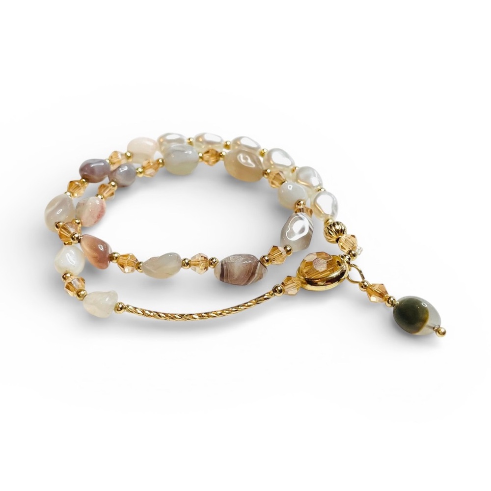 Crystal Gold Pearl Bracelet Gem Stone Beaded Double Layer 6-7” Stretchy - Picture 2 of 5